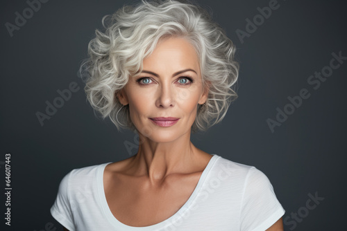 Close-up of a mid-50s online marketing specialist with gray hair, dressed in a white casual V-neck shirt, posing against a gray and white background.