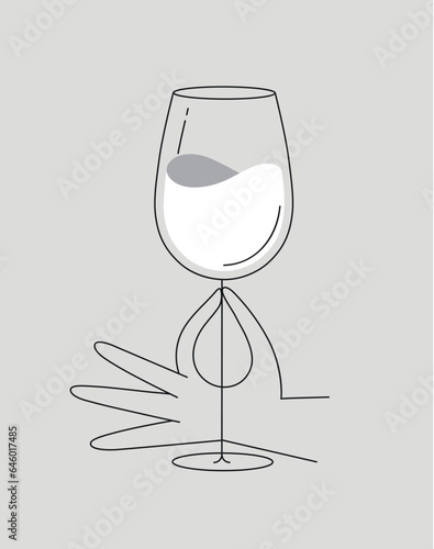 Hand holding glass of wine drawing in flat line style drawing on dark blue background