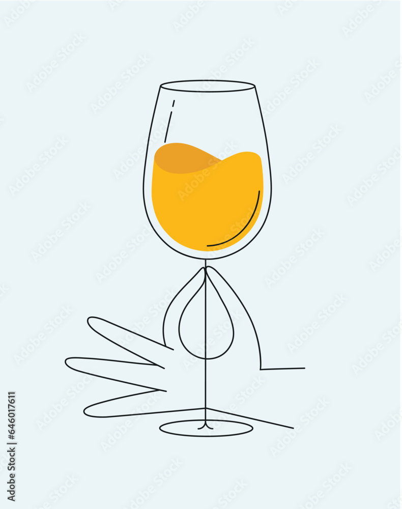 Hand holding glass of wine drawing in flat line style drawing on light background