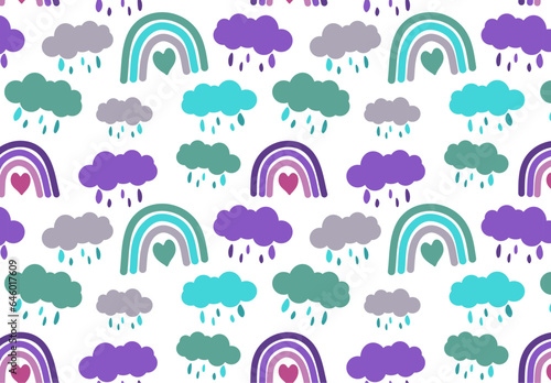Seamless pattern with clouds and rain and rainbow in flat style