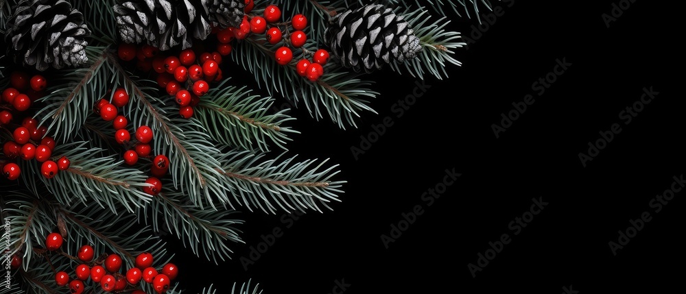 Christmas Mockup banner with fir, conifer branches, cones, red berries, decorations on black textured background. Top view. Flat lay. New Year Holidays background. Generative ai Christmas Mockup banner with fir, conifer branches, cones, red berries, decorations on black textured background. Top view. Flat lay. New Year Holidays background. Generative ai