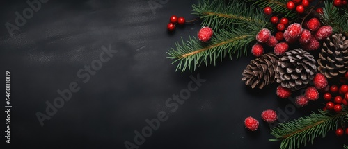 Christmas Mockup banner with fir  conifer branches  cones  red berries  decorations on black textured background. Top view. Flat lay. New Year Holidays background. Generative ai