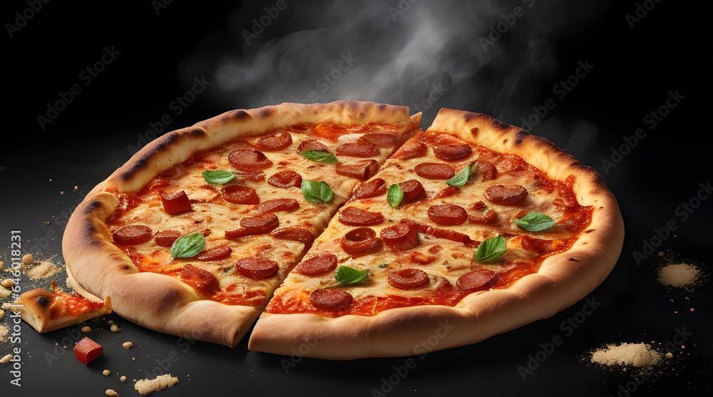 Delicious Chicken Pizza with smoke on black texture background