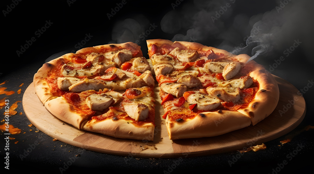 Delicious Chicken Pizza with smoke on black texture background