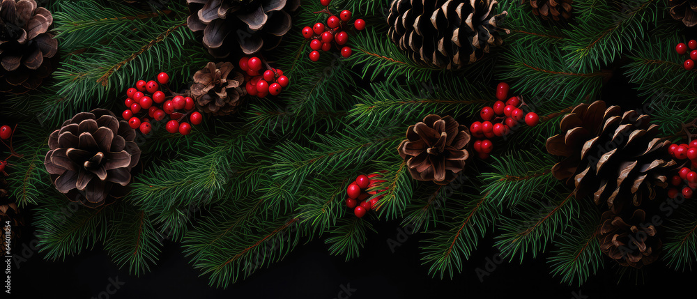 Christmas Mockup banner with fir, conifer branches, cones, red berries, decorations on black textured background. Top view. Flat lay. New Year Holidays background. Generative ai Christmas Mockup banner with fir, conifer branches, cones, red berries, decorations on black textured background. Top view. Flat lay. New Year Holidays background. Generative ai