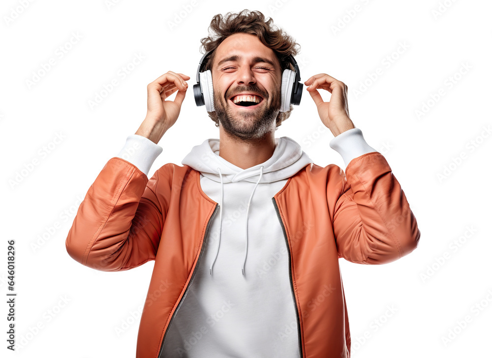 Music lover derives pleasure from beats and rhythm through headphones, cut out - obrazy, fototapety, plakaty 