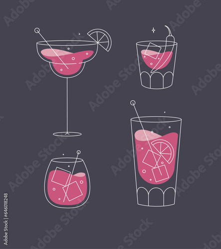 Cocktail glasses margarita whiskey long island old fashioned drawing in flat line style on dark blue background