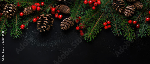 Christmas Mockup banner with fir  conifer branches  cones  red berries  decorations on black textured background. Top view. Flat lay. New Year Holidays background. Generative ai