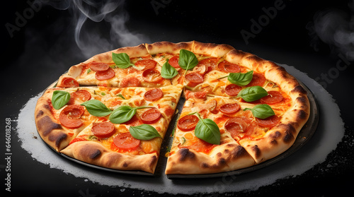 Delicious Chicken Pizza with smoke on black texture background