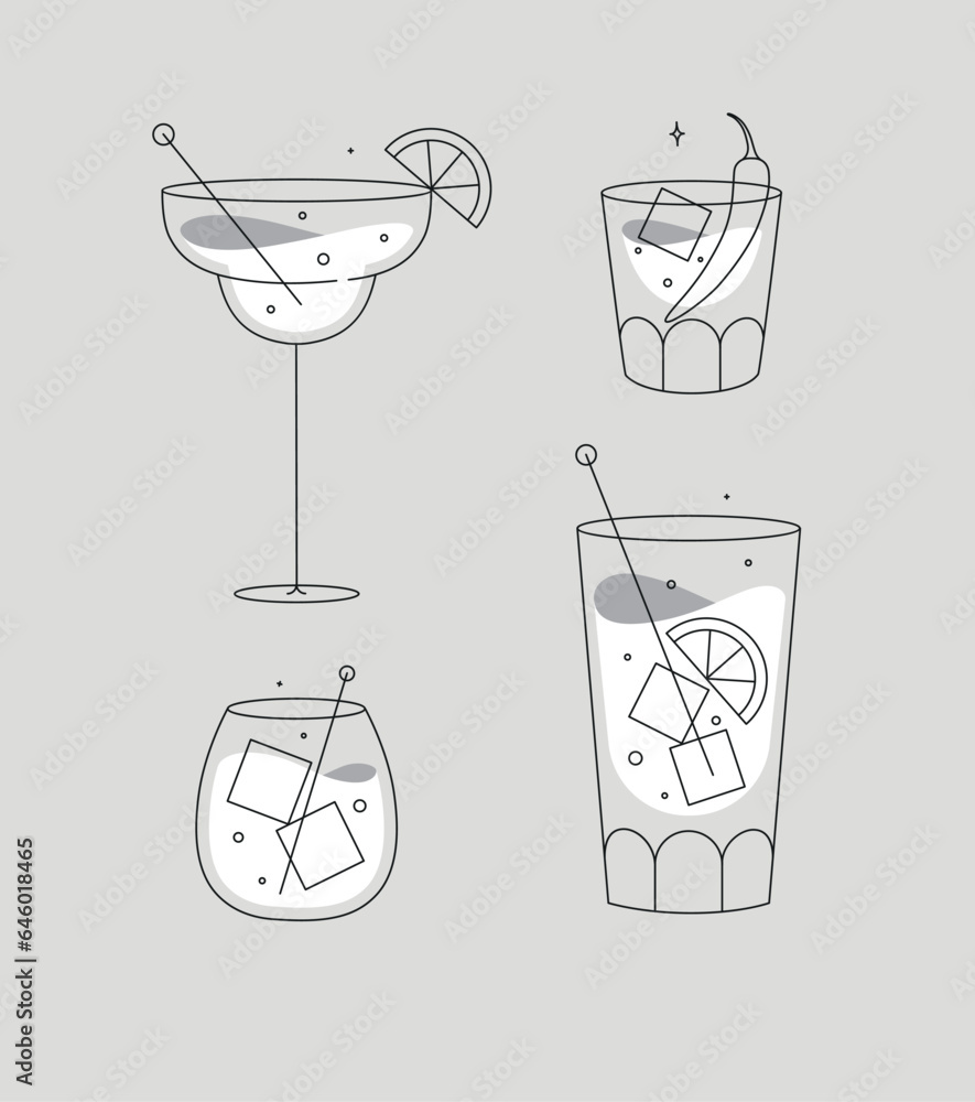 Cocktail glasses margarita whiskey long island old fashioned drawing in flat line style on grey background