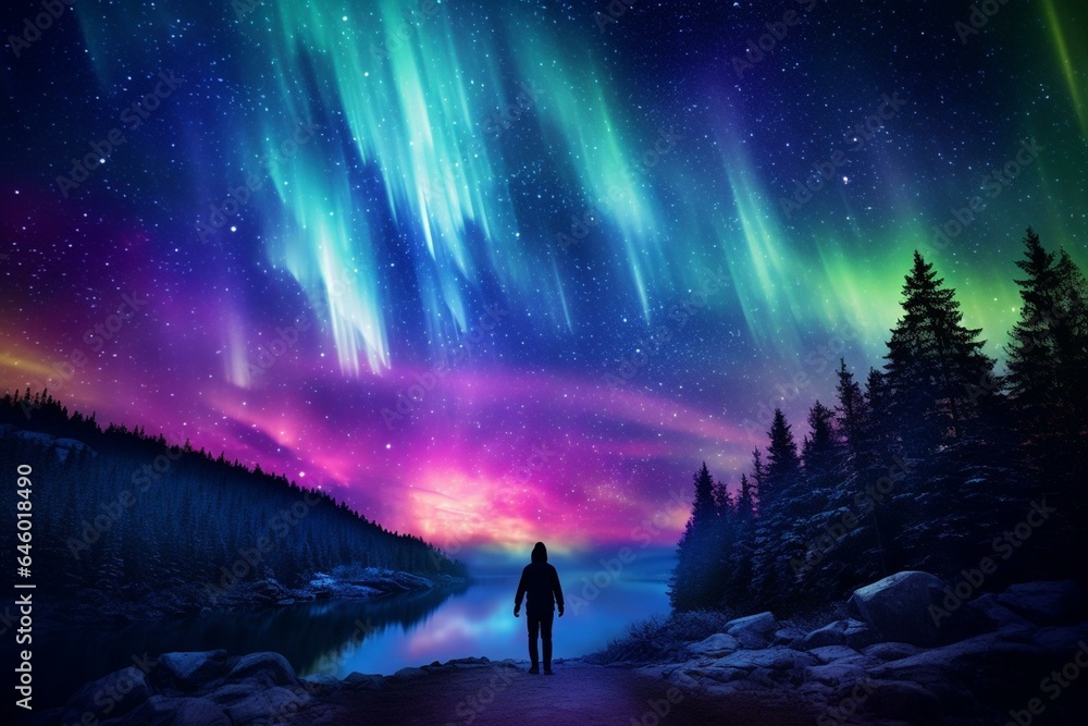 A person admiring colorful aurora borealis in the night sky. Generative AI