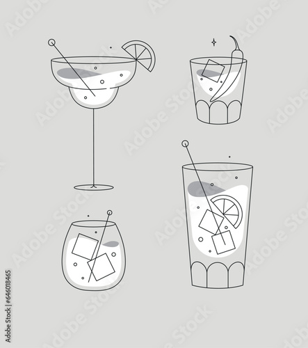 Obraz na płótnie Cocktail glasses margarita whiskey long island old fashioned drawing in flat line style on grey background w salonie