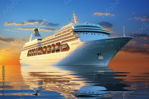 A stunning white cruise ship on the navy blue horizon. Generative AI © Meliora