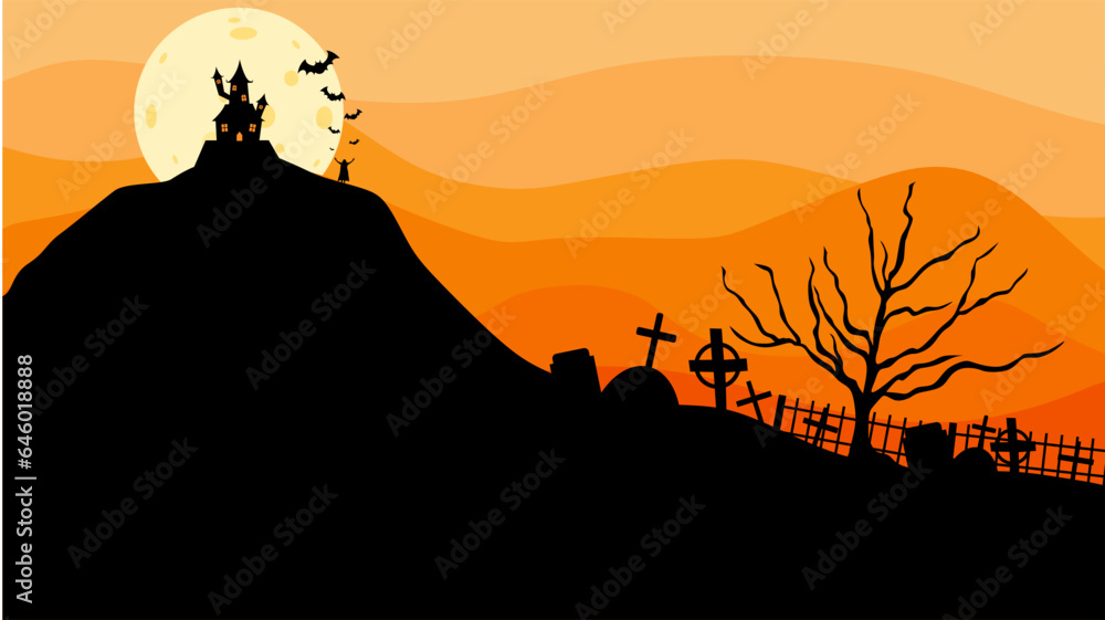 Halloween Castle flat design vector illustration. Halloween banner with silhouette of scary castle on orange background with full Moon. Illustration for holiday cards, invitations, banners