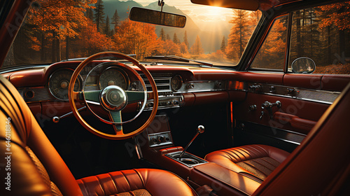 classic car on an open road sunset