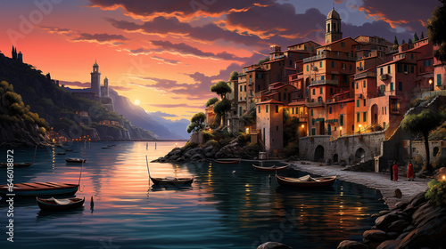 cliffside village ocean sunset warm glow