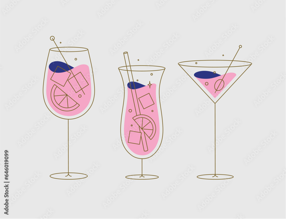 Cocktail glasses spritz pina colada cosmopolitan drawing in flat line style on beige background