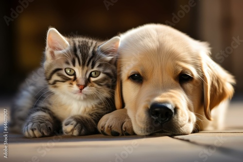 Cute puppy and kitten lie together. AI generative