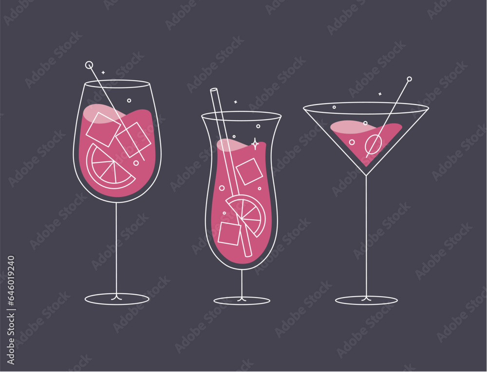 Cocktail glasses spritz pina colada cosmopolitan drawing in flat line style on dark blue background