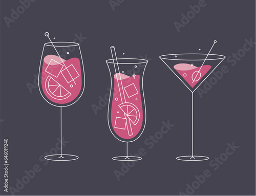 Obraz na płótnie Cocktail glasses spritz pina colada cosmopolitan drawing in flat line style on dark blue background w salonie