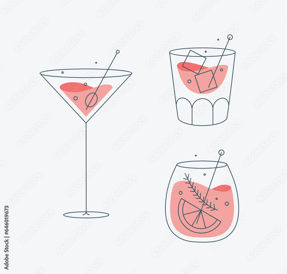 Cocktail glasses cosmopolitan whiskey old fashioned drawing in flat line style