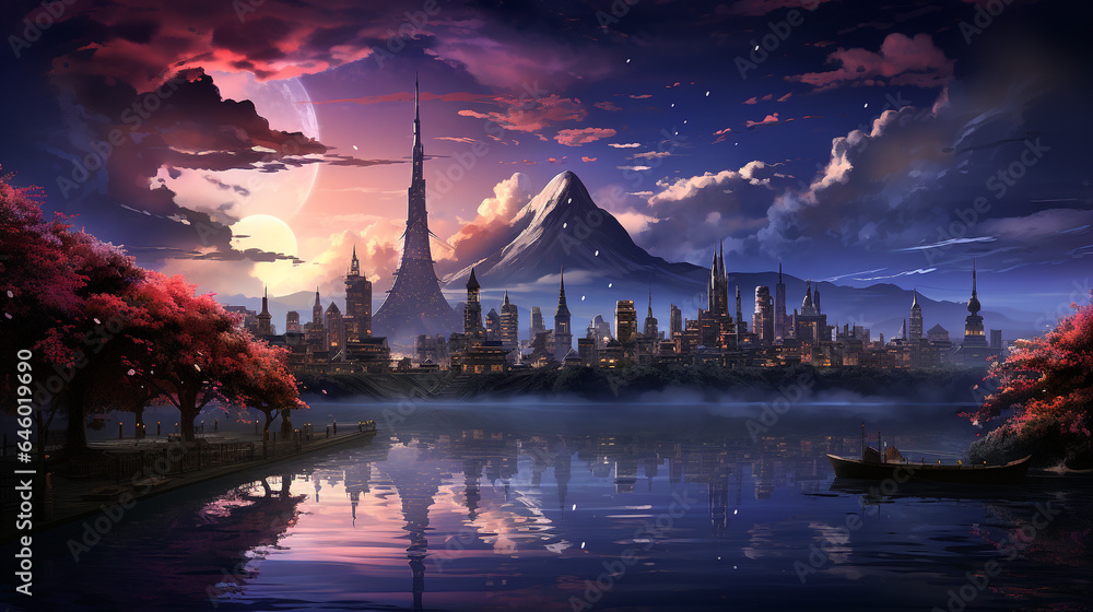 Fototapeta premium magical cityscape twinkling lights twilight