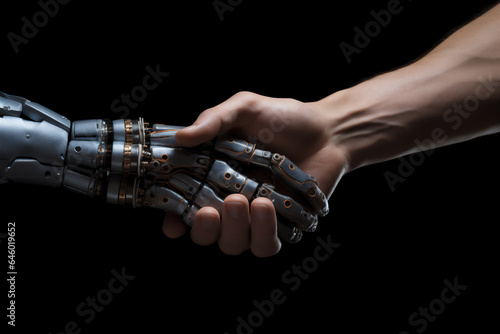 Robot hand shaking human hand isolated on black background