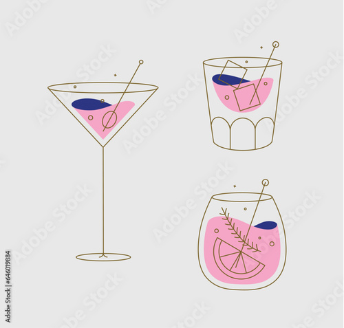 Cocktail glasses cosmopolitan whiskey old fashioned drawing in flat line style on beige background