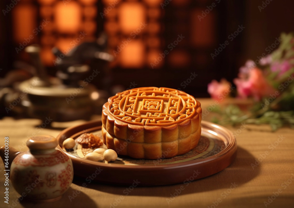 Traditional chinese mooncake sweet pastry on table with tea.Macro.AI Generative