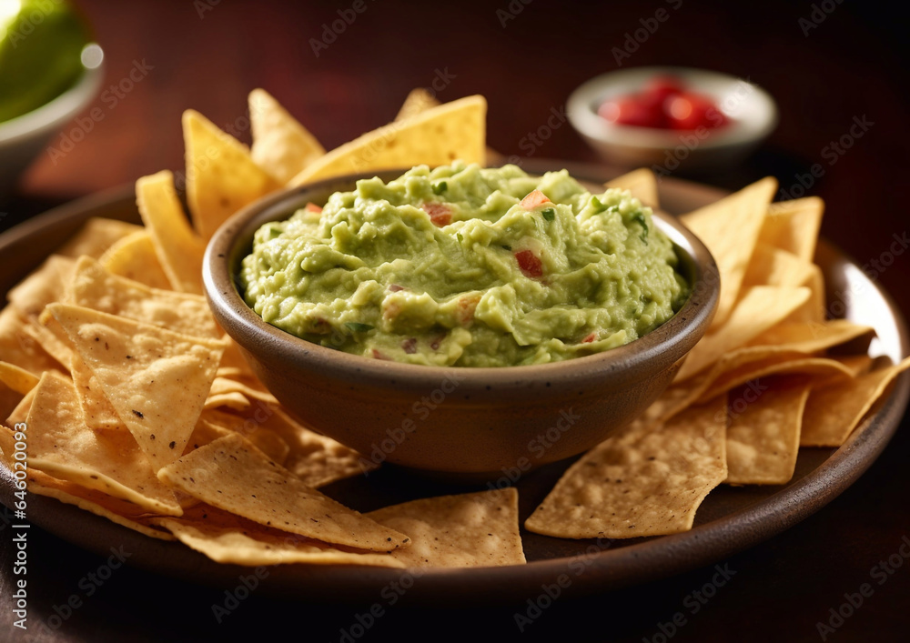 Nachos and avocado guacamole in bowl on wooden table.Macro.AI Generative Nachos and avocado guacamole in bowl on wooden table.Macro.AI Generative