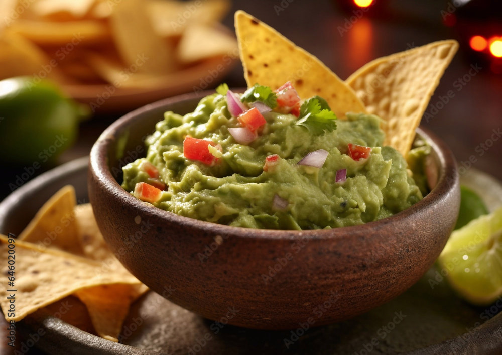Guacamole avocado dip with corn nachos on dark background.Macro.AI Generative Guacamole avocado dip with corn nachos on dark background.Macro.AI Generative