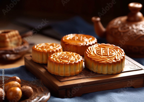 Traditional mooncakes pastry with tea on wooden table.Macro.AI Generative