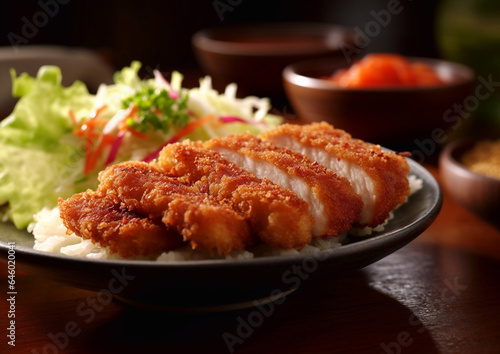 Tonkatsu pork and rice with vegetables and sauce on table.Macro.AI Generative