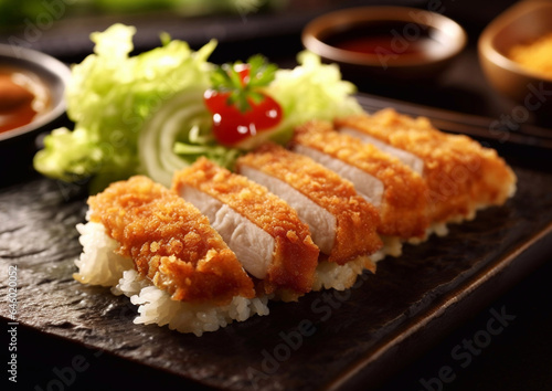 Traditional japanese tonkatsu pork cutlet with rice on asian food restaurant table.Macro.AI Generative