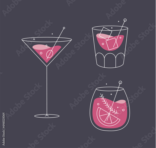 Cocktail glasses cosmopolitan whiskey old fashioned drawing in flat line style on dark blue background