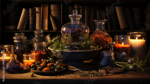 mystical herbs cauldron alchemical symbols