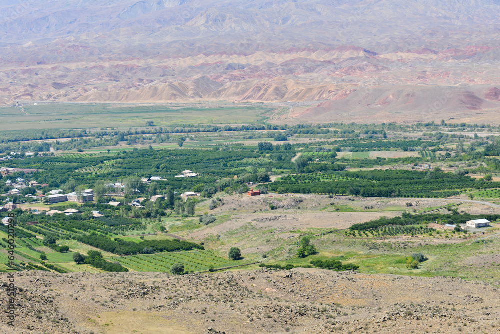 Naklejka premium Armenian village Ervandashat, near the mountains.