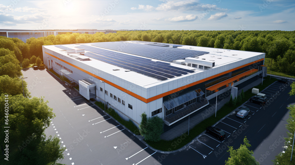 Bird's-Eye View of a State-of-the-Art Factory Featuring Solar Panels on its Roof - obrazy, fototapety, plakaty 