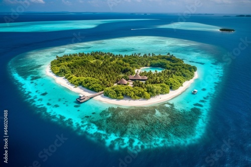 Stunning bird's-eye view of the Maldives, with breathtaking realism, revealing the pure magnificence of this paradise. Generative AI