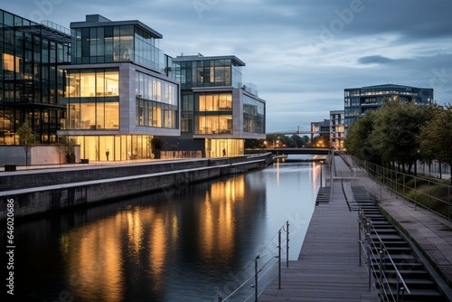 Contemporary architecture and corporate spaces beside the Liffey river in Dublin. Generative AI © Maelle