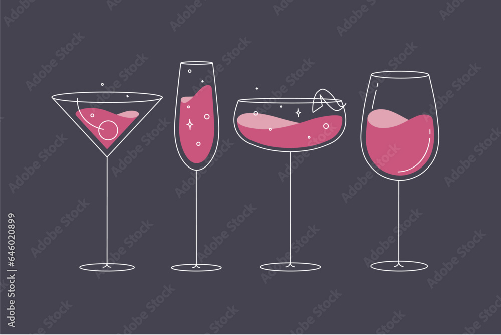 Cocktail glasses manhattan champagne wine daiquiri drawing in flat line style on grey background