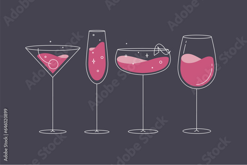 Obraz na płótnie Cocktail glasses manhattan champagne wine daiquiri drawing in flat line style on grey background w salonie