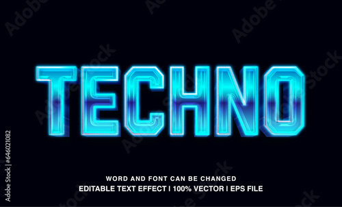 Techno editable text effect template, blue neon light futuristic glossy typeface, premium vector