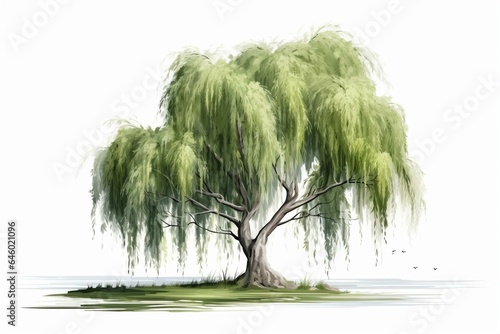 Daytime landscape with isolated weeping willow tree on transparent background for architectural visualization. Generative AI