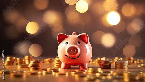 Cute piggy bank standing on coins. Saving, investing, money and finance concept.