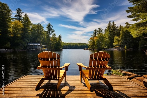Obraz na plátně Chairs, dock, lake, Muskoka, Ontario, Canada, canoe, pier, water, cottages, trees