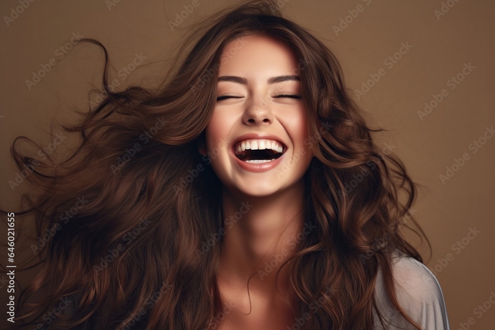 Close up of carefree young woman laughing and flying hair, Portrait of smiling woman with freckles and closed eyes enjoying