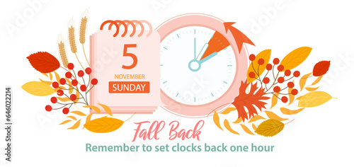 Change clock back one hour, Fall Back concept. Daylight Saving Time Ends at sunday, 5 november 2023. Web reminder banner with calendar date and clock arrow turning back an hour, vector illustration