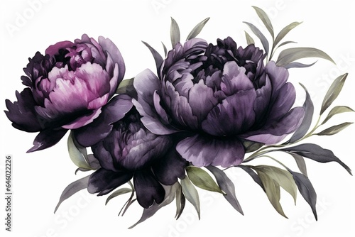 Elegant black peonies with a dark watercolor effect, perfect for floral bouquets and card designs. Generative AI