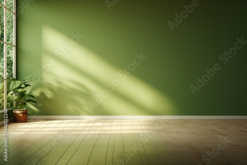 Sunlight falling into an empty room with a green mock up wall.